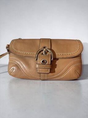Vintage Coach SoHo Leather Wristlet Clutch with Buckle Accent, Camel/Tan